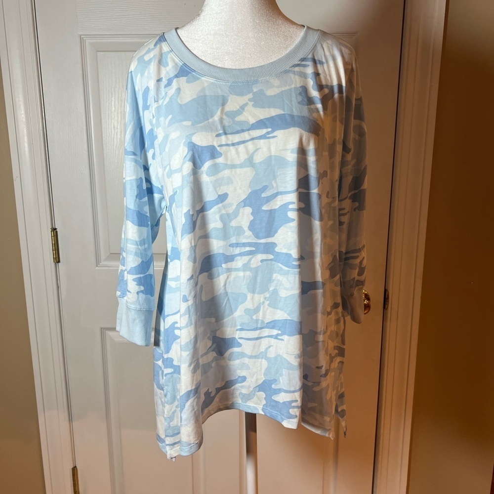 LuLaRoe Cozy Kate 3/4 Sleeve Shirt Size M Medium Beautiful Blue Camo Pattern NWT